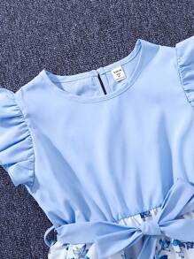 SHEIN Đầm Gái Thắt lưng Viên lá sen Hoa Dễ thương - Màu xanh lam - Xem 6