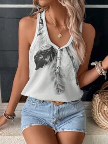 SHEIN LUNE Feather Print Button Front Tank Top - White - View 6