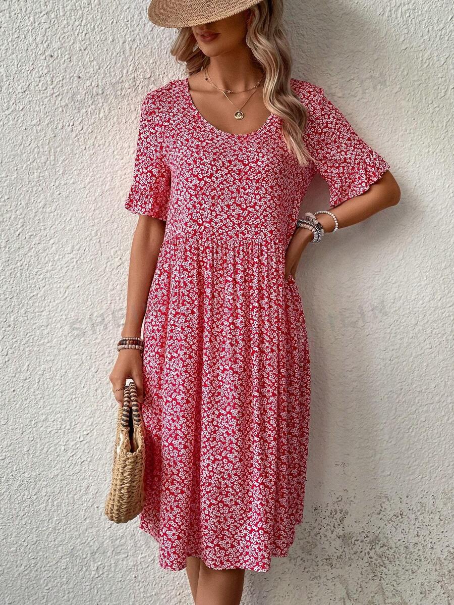 SHEIN LUNE Spring/Summer Short Sleeve Floral Print Round Neck Ruffle ...