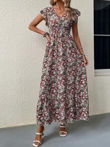 SHEIN Clasi Vestido con estampado floral de manga mariposa bajo con fruncido - Multicolor - Ver 1