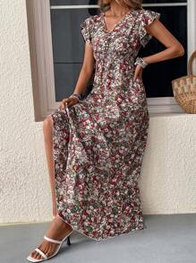 SHEIN Clasi Vestido con estampado floral de manga mariposa bajo con fruncido - Multicolor - Ver 4