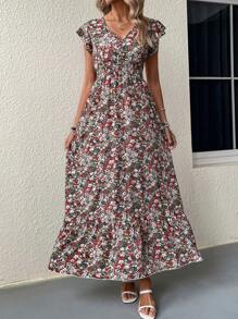 SHEIN Clasi Vestido con estampado floral de manga mariposa bajo con fruncido - Multicolor - Ver 5