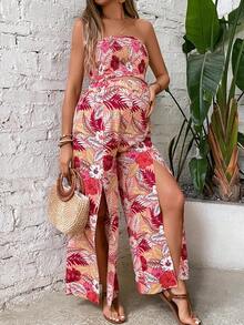SHEIN Maternity Tropical Print Tube Top & Split Thigh Wide Leg Trousers - Multicolor - View 4