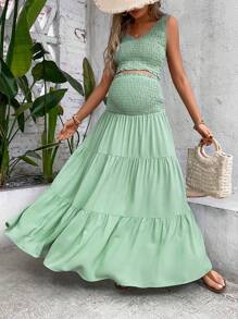 SHEIN Maternity Solid Shirred Tank Top & Ruffle Hem Skirt - Mint Green - View 5