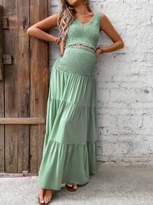 SHEIN Maternity Solid Shirred Tank Top & Ruffle Hem Skirt - Mint Green - View 7