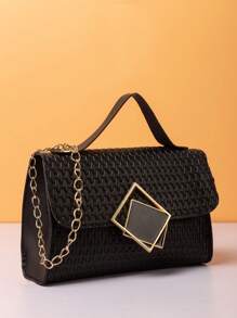 Mini Flap Túi Square dập nổi chi tiết trang trí bằng kim loại - màu đen - Xem 2