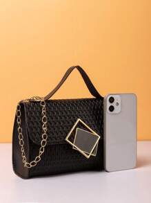 Mini Flap Túi Square dập nổi chi tiết trang trí bằng kim loại - màu đen - Xem 4