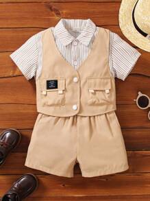 SHEIN Toddler Boys Striped Print Flap Pocket 2 In 1 Shirt & Shorts Set - Multicolor - View 1