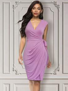 Solid Wrap Knot Side Dress - Mauve Purple - View 4