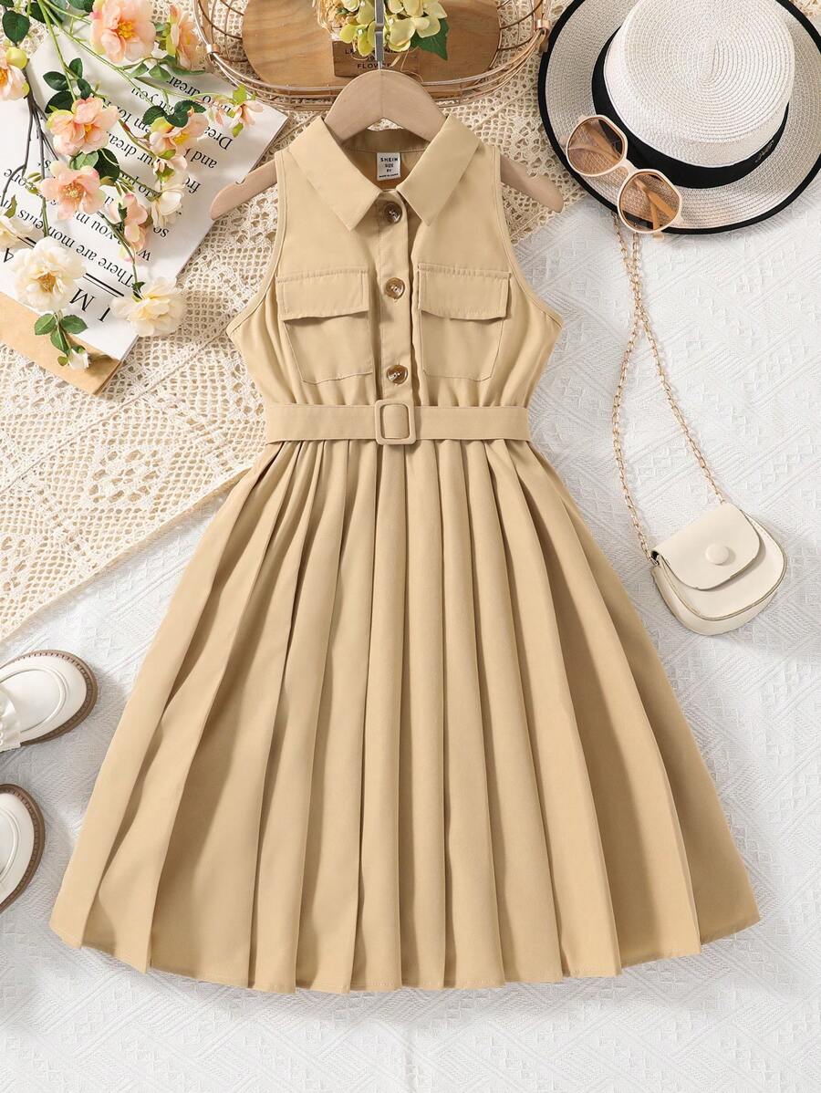 SHEIN Đầm Gái Xếp li Nút phía trước màu trơn Giải trí - Màu Khaki - Xem 1
