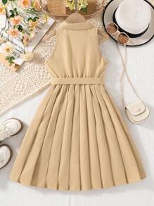 SHEIN Đầm Gái Xếp li Nút phía trước màu trơn Giải trí - Màu Khaki - Xem 2