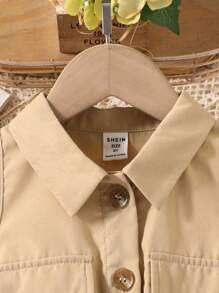 SHEIN Đầm Gái Xếp li Nút phía trước màu trơn Giải trí - Màu Khaki - Xem 3