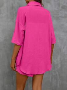 SHEIN LUNE 落肩袖襯衫和短褲 - 玫紅色 - 查看 2