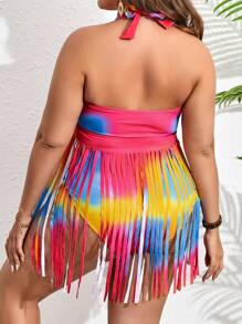 SHEIN 大码扎染扭纹前流苏下摆吊带比基尼夏季海滩 - 彩色 - 查看 2