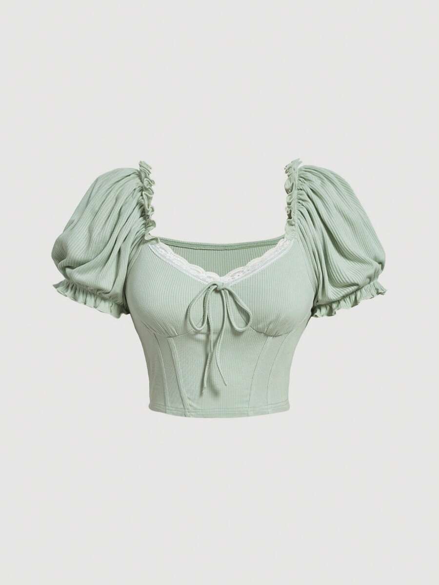 SHEIN MOD Áo thun Plus size Tương phản ren viền lá sen Gân đan Thắt nơ trước màu trơn Giải trí - Màu xanh Bạc hà - Xem 1