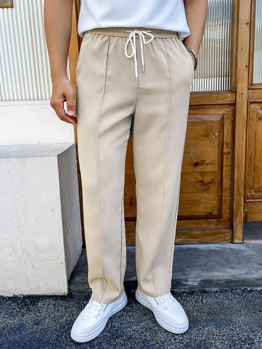 SHEIN X HATTAN Manfinity Hypemode 男士抽繩腰部接縫細節直筒寬鬆褲 - 杏色 - 查看 1