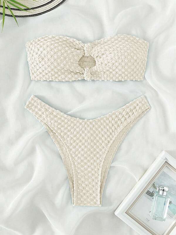 SHEIN Swim Basics Textured Cutout Bandeau Bikini Swimsuit SHEIN USA