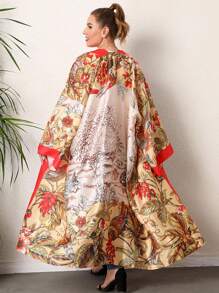 Plus Plants and Bird Print Contrast Trim Kimono - Multicolor - View 1