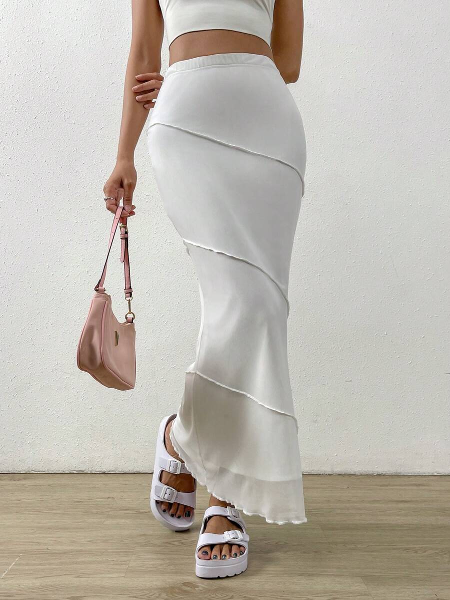 SHEIN EZwear Top-stitching Lettuce Trim Mermaid Hem Skirt - White - View 1