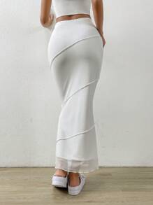 SHEIN EZwear Top-stitching Lettuce Trim Mermaid Hem Skirt - White - View 2