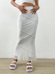 SHEIN EZwear Top-stitching Lettuce Trim Mermaid Hem Skirt - White - View 6