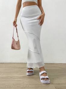 SHEIN EZwear Top-stitching Lettuce Trim Mermaid Hem Skirt - White - View 5