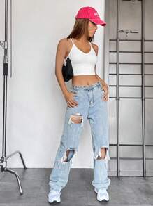 SHEIN EZwear 後背十字交叉吊帶短上衣 - 白色 - 查看 7