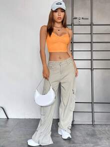 SHEIN EZwear Top de tirantes crop pecho con fruncido - Naranja - Ver 3