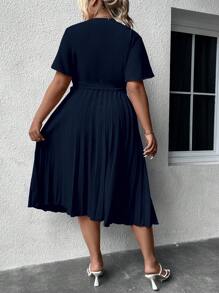 SHEIN LUNE Plus Surplice Neck Pleated Hem Knot Side Dress - Navy Blue - View 2