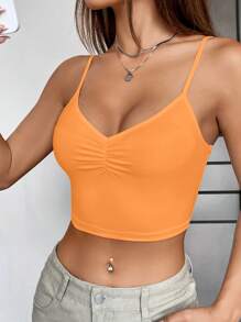 SHEIN EZwear Top de tirantes crop pecho con fruncido - Naranja - Ver 4