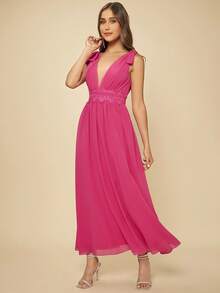 SHEIN Belle Váy phù dâu Lộ Lưng Nơ Bướm Tương phản ren Xù Dây kéo màu trơn - Màu Hồng Tươi - Xem 3