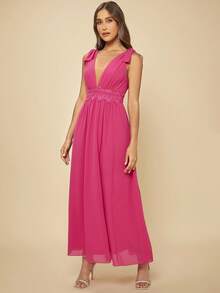SHEIN Belle Váy phù dâu Lộ Lưng Nơ Bướm Tương phản ren Xù Dây kéo màu trơn - Màu Hồng Tươi - Xem 4