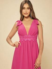 SHEIN Belle Váy phù dâu Lộ Lưng Nơ Bướm Tương phản ren Xù Dây kéo màu trơn - Màu Hồng Tươi - Xem 5