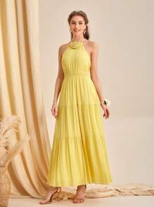 SHEIN Belle Solid Ruffle Hem Halter Neck Bridesmaid Dress - Yellow - View 4