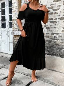 SHEIN LUNE 大碼休閒荷葉邊 貼花純色連衣裙 - 黑色 - 查看 3