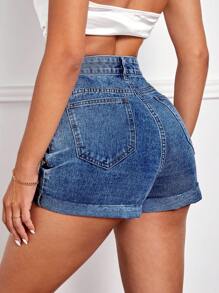 SHEIN Essnce Rhinestone Fringe Trim Roll Hem Denim Shorts - Medium Wash - View 2