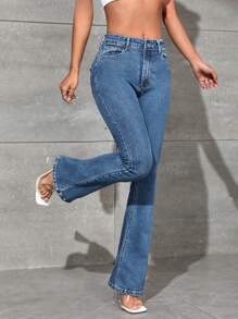 SHEIN PETITE Flap Pocket Flare Leg Jeans - Light Grey - View 5