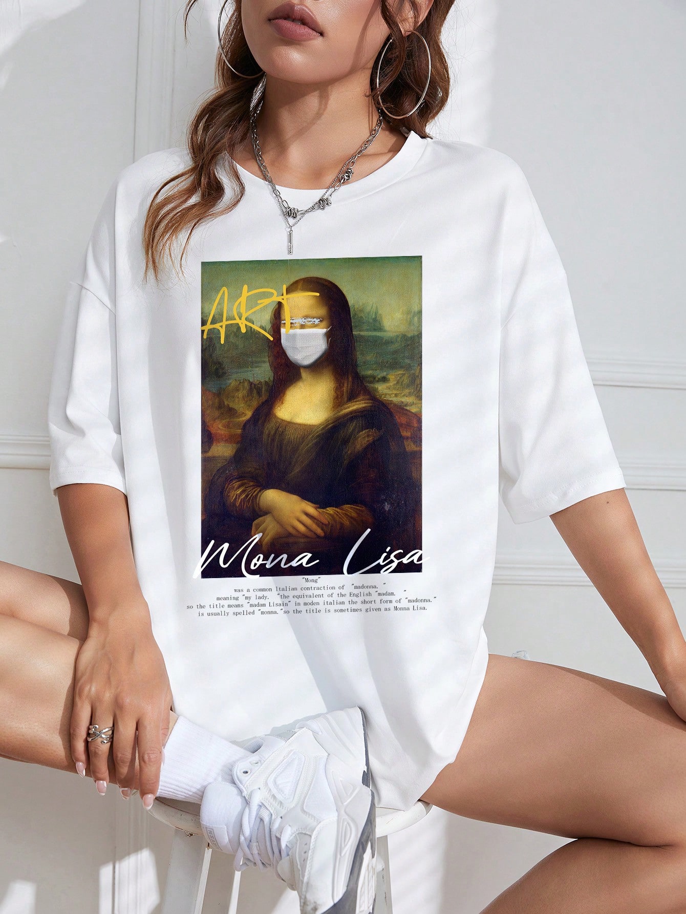 SHEIN EZwear Mona Lisa & Slogan Graphic Drop Shoulder Tee | SHEIN USA