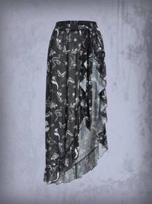 ROMWE Goth Váy nữ Bất đối xứng Xù Viên lá sen Tất cả trên in Boho - màu đen - Xem 1