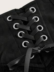ROMWE Goth Lace Up Contrast Lace Skirt - Black - View 3