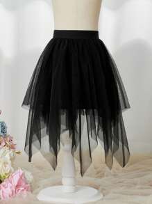 Tween Girl Daily Casual Hanky Hem Mesh Overlay Skirt - Black - View 1