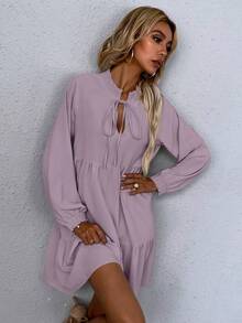 SHEIN LUNE 繫帶領燈籠袖荷葉邊娃娃裙 - 淡紫色 - 查看 4