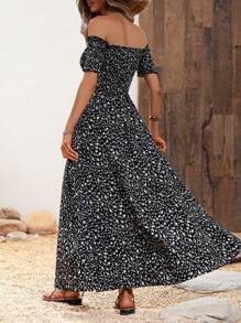 SHEIN LUNE Ditsy Floral Print Off Shoulder Split Thigh Dress - Black - View 2