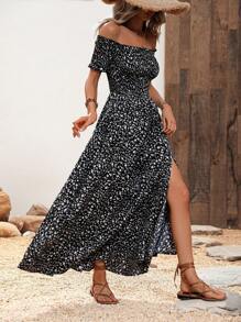 SHEIN LUNE Ditsy Floral Print Off Shoulder Split Thigh Dress - Black - View 4