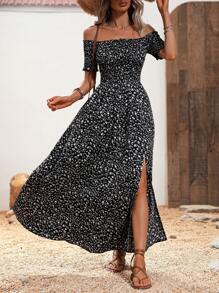 SHEIN LUNE Ditsy Floral Print Off Shoulder Split Thigh Dress - Black - View 6