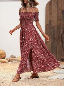 SHEIN Holidaya 碎花一字肩高衩洋裝 - 紅色 - 查看 6