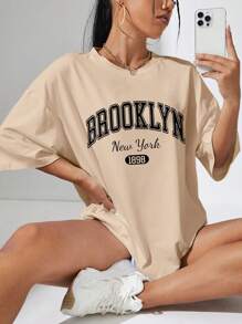 INAWLY 字母图案落肩 T 恤 图案 T 恤 女式上衣 - 杏色 - 查看 1