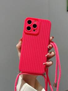 Rose Red Fine Mesh Braided Rope Patterned Phone Case With Hanging Rope, Compatible With IPhone 15/15 Pro/15 Pro Max/15 Plus/11/12/13/14/XS/XR/11 Pro/11 Pro Max/12 Pro/12 Pro Max/13 Pro/13 Pro Max/14 Pro/14 Pro Max/14 Plus/7 Plus/8 Plus/8/SE2 - Hot Pink - View 2