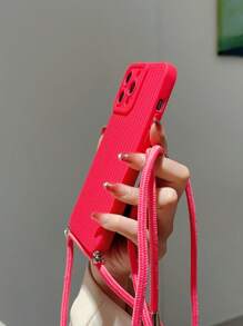 Rose Red Fine Mesh Braided Rope Patterned Phone Case With Hanging Rope, Compatible With IPhone 15/15 Pro/15 Pro Max/15 Plus/11/12/13/14/XS/XR/11 Pro/11 Pro Max/12 Pro/12 Pro Max/13 Pro/13 Pro Max/14 Pro/14 Pro Max/14 Plus/7 Plus/8 Plus/8/SE2 - Hot Pink - View 4