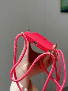 Rose Red Fine Mesh Braided Rope Patterned Phone Case With Hanging Rope, Compatible With IPhone 15/15 Pro/15 Pro Max/15 Plus/11/12/13/14/XS/XR/11 Pro/11 Pro Max/12 Pro/12 Pro Max/13 Pro/13 Pro Max/14 Pro/14 Pro Max/14 Plus/7 Plus/8 Plus/8/SE2 - Hot Pink - View 5